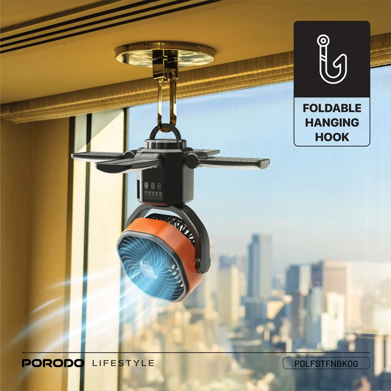 پنکه و پاوربانک خورشیدی پرودو مدل Porodo SunCharge Outdoor Solar Fan PDLFSTFNBKOG