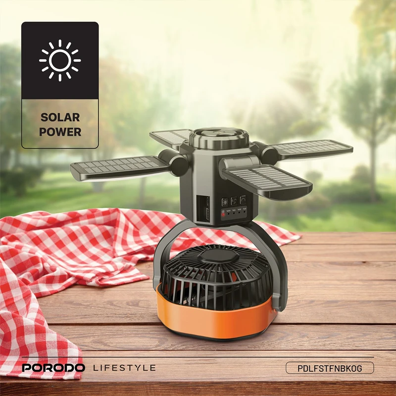پنکه و پاوربانک خورشیدی پرودو مدل Porodo SunCharge Outdoor Solar Fan PDLFSTFNBKOG
