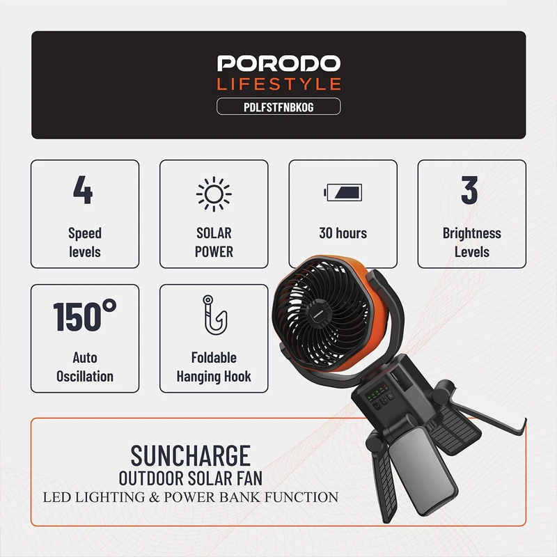 پنکه و پاوربانک خورشیدی پرودو مدل Porodo SunCharge Outdoor Solar Fan PDLFSTFNBKOG