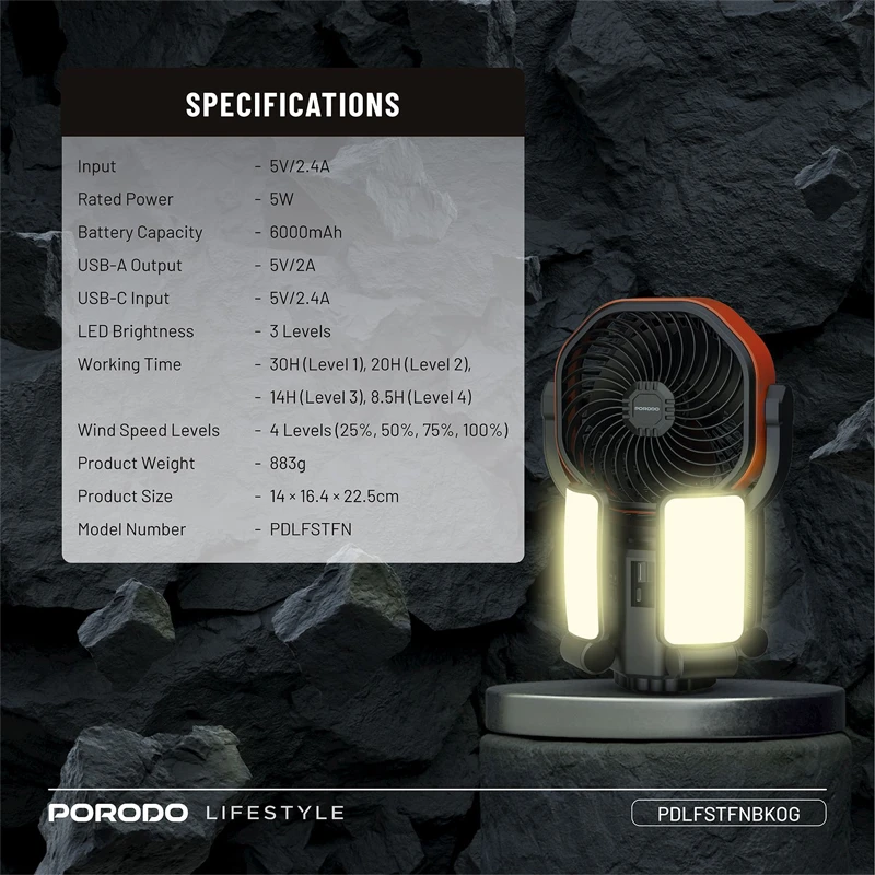 پنکه و پاوربانک خورشیدی پرودو مدل Porodo SunCharge Outdoor Solar Fan PDLFSTFNBKOG