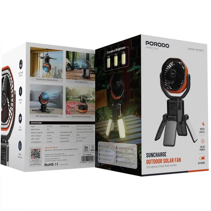 پنکه و پاوربانک خورشیدی پرودو مدل Porodo SunCharge Outdoor Solar Fan PDLFSTFNBKOG