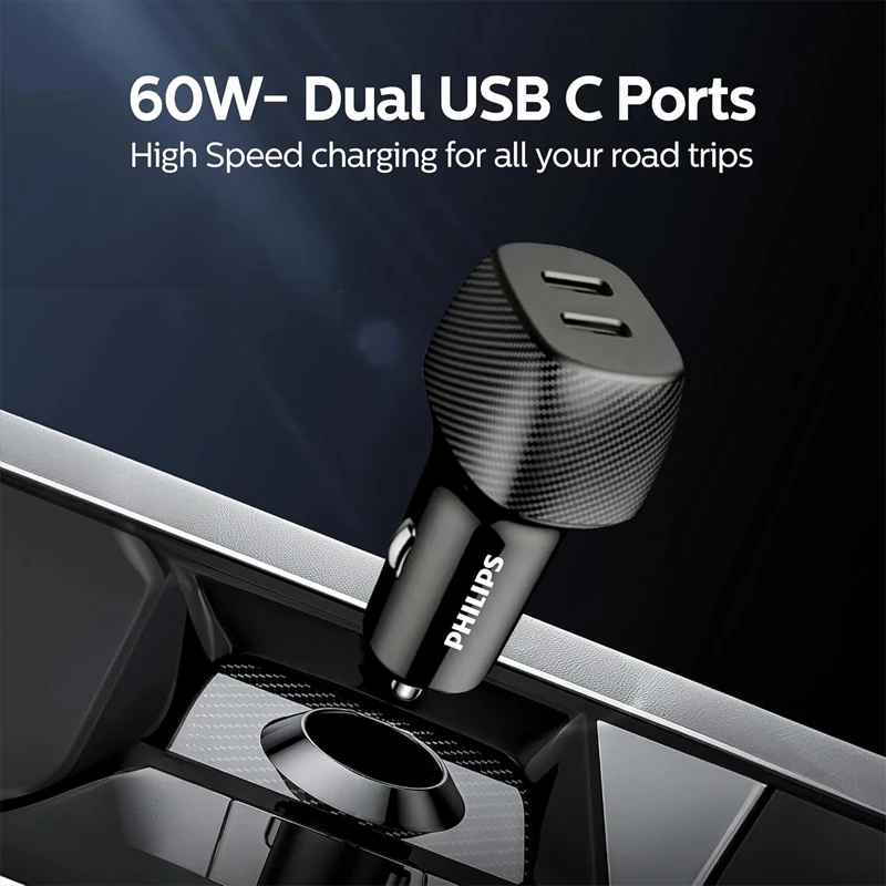شارژر فندکی فیلیپس مدل DLP5522C توان 60 وات (دو پورت USB-C بدنه فلزی)