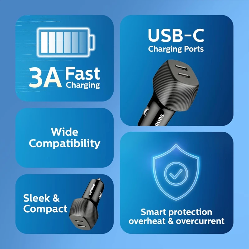شارژر فندکی فیلیپس مدل DLP5522C توان 60 وات (دو پورت USB-C بدنه فلزی)