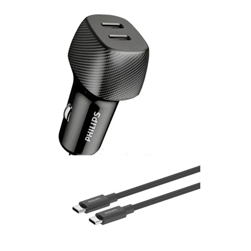 شارژر فندکی فیلیپس مدل DLP5522CC توان 60 وات (دو پورت USB-C بدنه فلزی) همراه با کابل یک متری