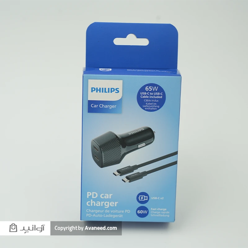 شارژر فندکی فیلیپس مدل DLP5522CC توان 60 وات (دو پورت USB-C بدنه فلزی) همراه با کابل یک متری
