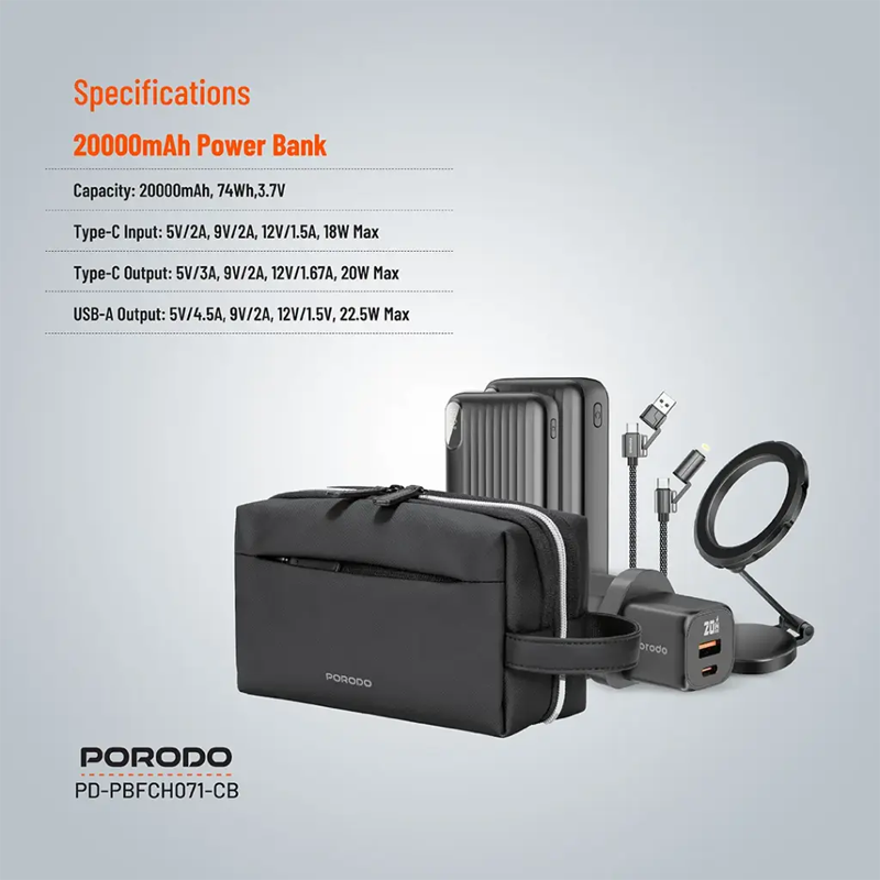 پک 6 در 1 پاوربانک، کابل شارژ، هولدر مگنتی ، آداپتور پرودو مدل Porodo Essentials 6 in 1 Ultimate Combo PD-PBFCH071-CB