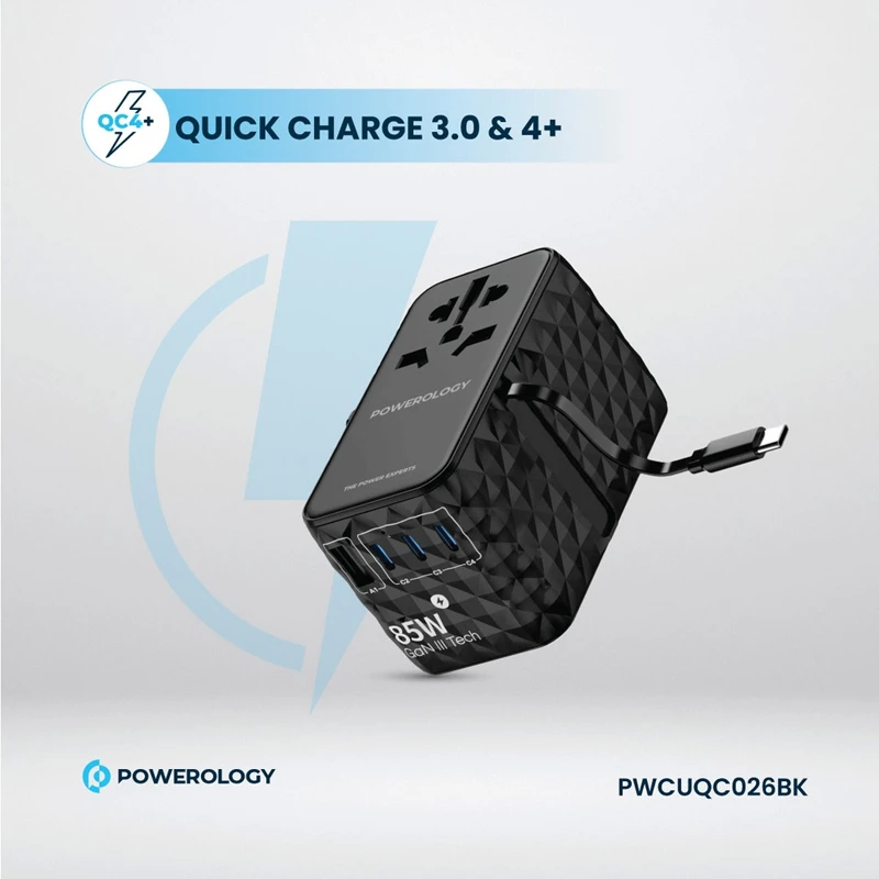 تبدیل پریز برق چندکاره و شارژر دیواری فست تایپ سی و یو اس بی 85 وات پاورولوژی PWCUQC026BK