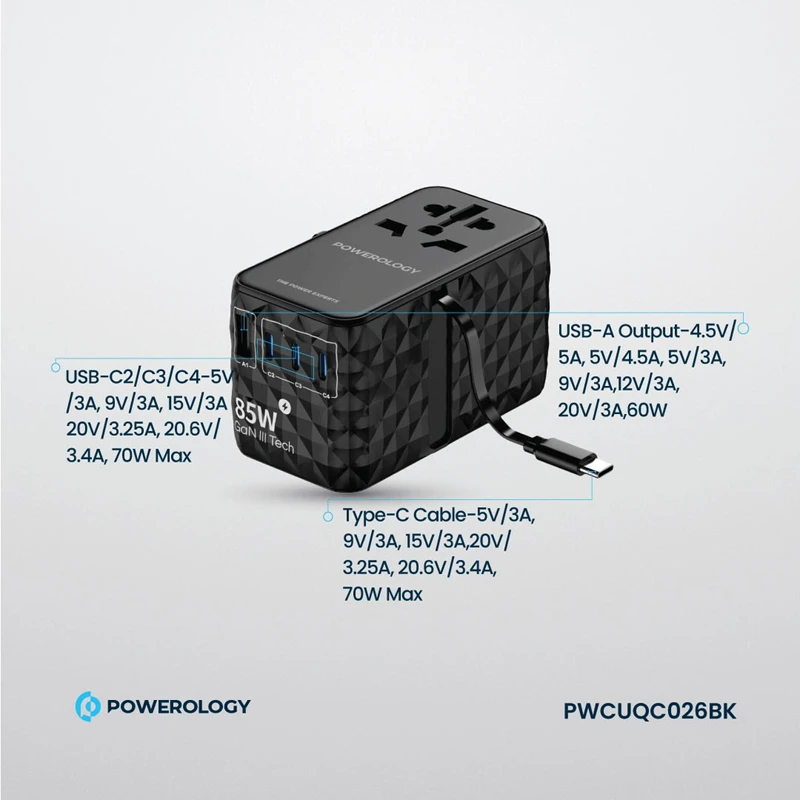 تبدیل پریز برق چندکاره و شارژر دیواری فست تایپ سی و یو اس بی 85 وات پاورولوژی PWCUQC026BK