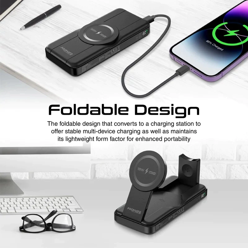 پاوربانک بی سیم 10000 میلی آمپر 3 کاره پرومیت مدل POWERPACK-FOLD