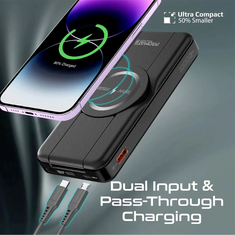 پاوربانک بی سیم 10000 میلی آمپر 3 کاره پرومیت مدل POWERPACK-FOLD