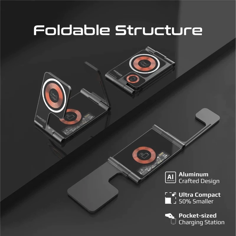 شارژر بی‌سیم پرومیت مدل AURAFOLD-TRIO با سه درگاه شارژ