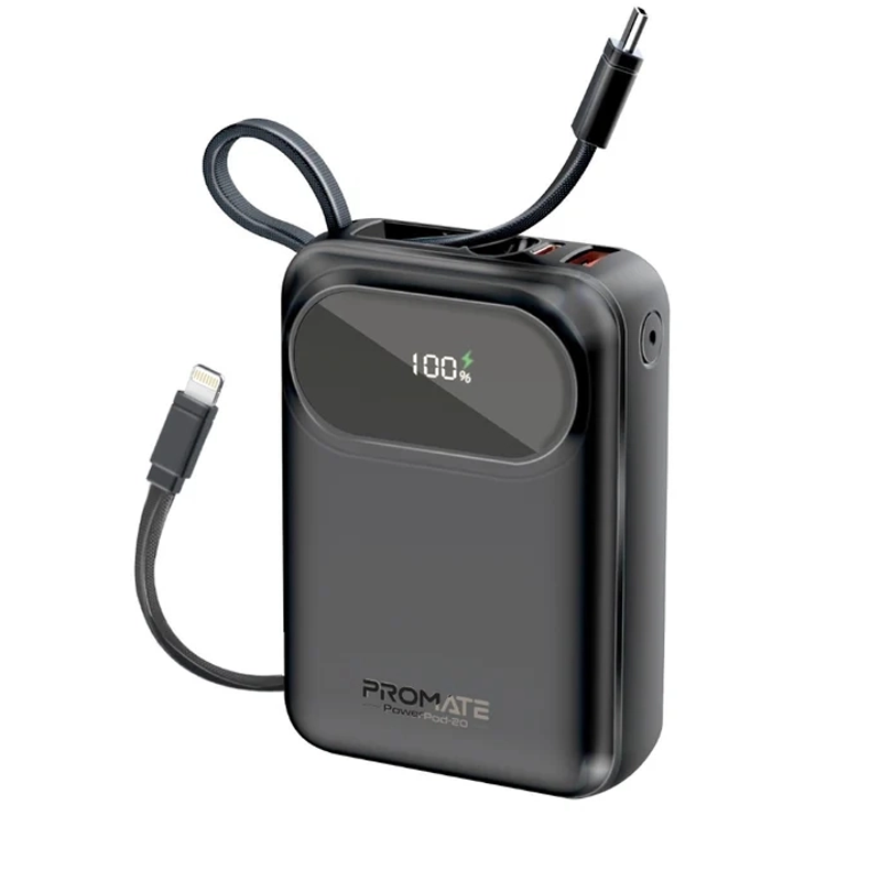 پاوربانک پرومیت  20000 میلی‌آمپرساعت 35 واتی مدل POWERPOD-20 (دارای کابل‌های داخلی USB-C و لایتنینگ)