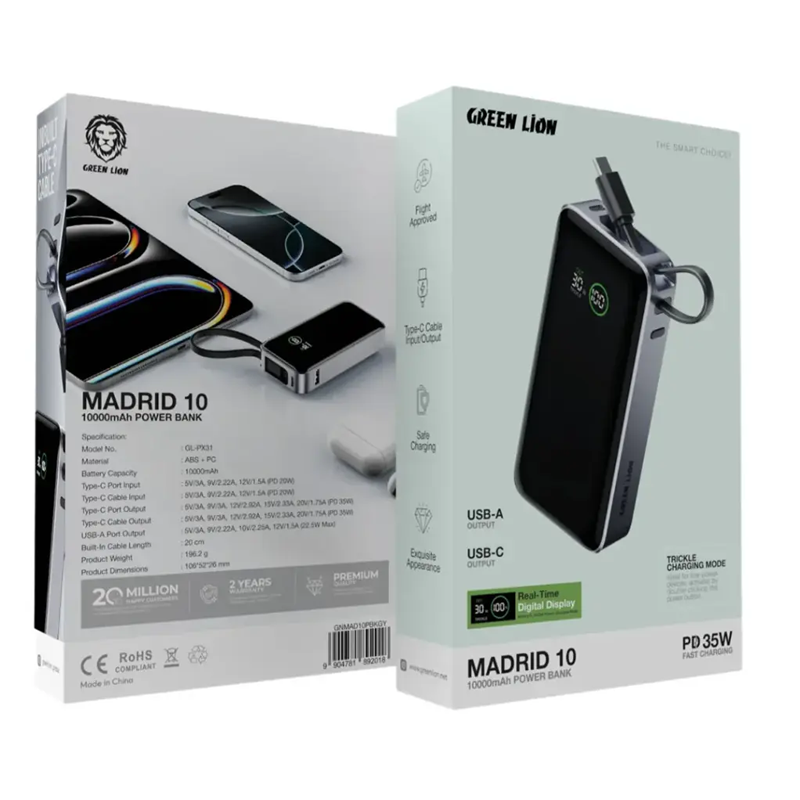 پاوربانک گرین لاین ظرفیت 10000 میلی آمپر ساعت مدل Green Lion MADRID 10 GNMAD10PBKGY