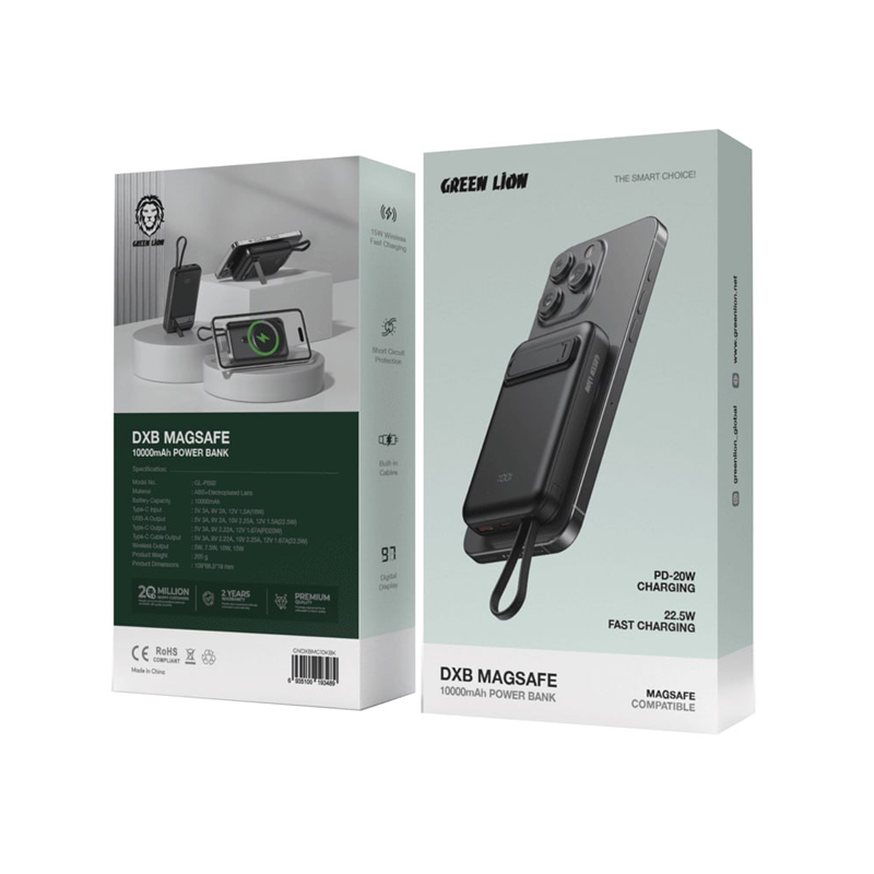 پاوربانک گرین لاین 10000 میلی آمپر 22.5 واتی مدل Green Lion DXB Magsafe GNDXBMG10KBK
