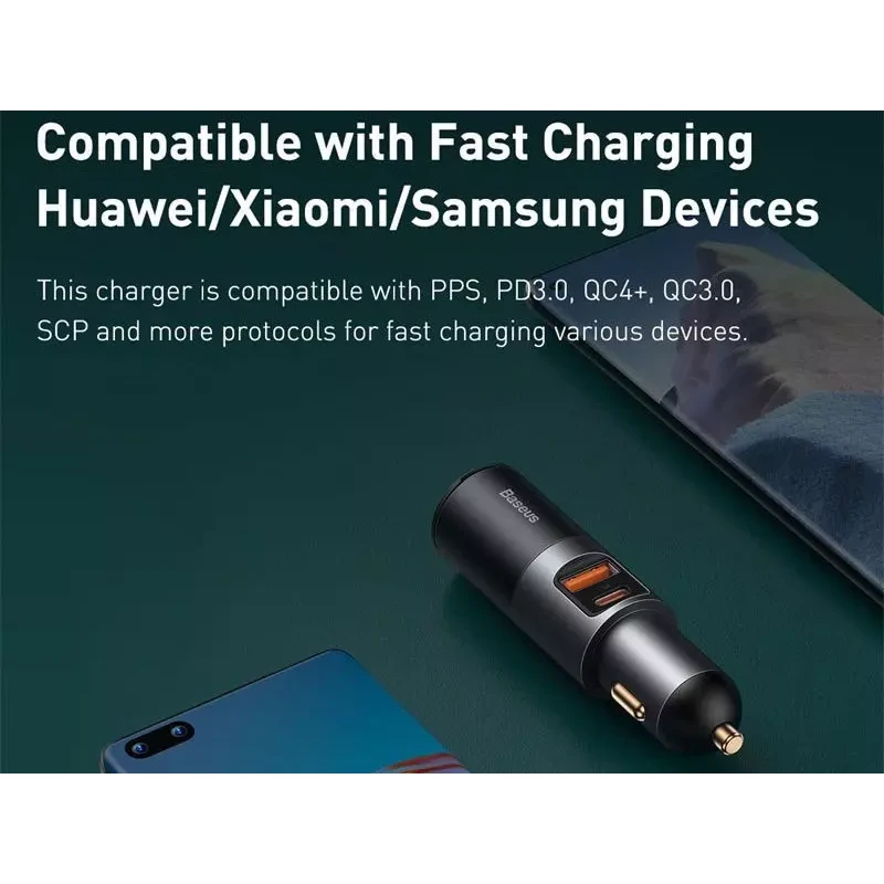شارژر فندکی 120 واتی خودرو بیسوس با پورت فندک سیگار مدل  Baseus Share Together Fast Charge Car Charger CCBT-C0G