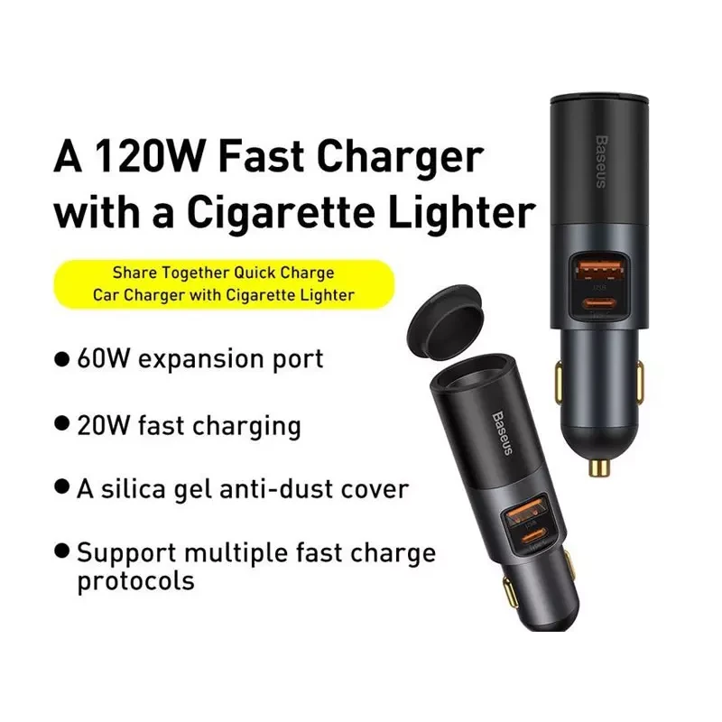 شارژر فندکی 120 واتی خودرو بیسوس با پورت فندک سیگار مدل  Baseus Share Together Fast Charge Car Charger CCBT-C0G