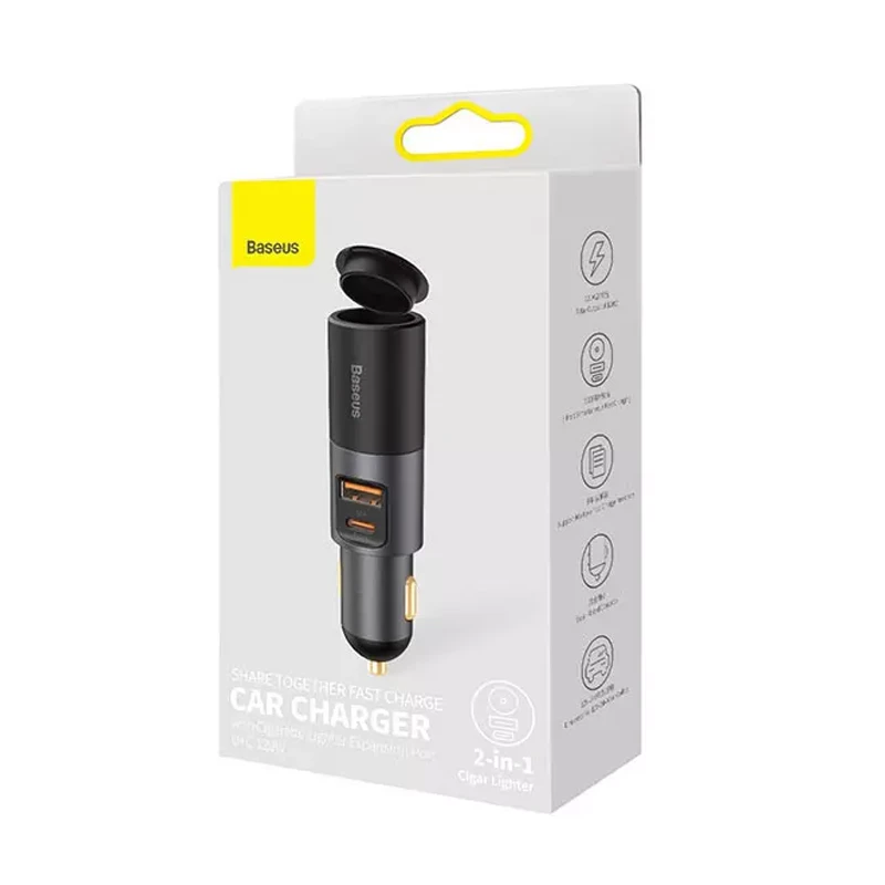 شارژر فندکی 120 واتی خودرو بیسوس با پورت فندک سیگار مدل  Baseus Share Together Fast Charge Car Charger CCBT-C0G