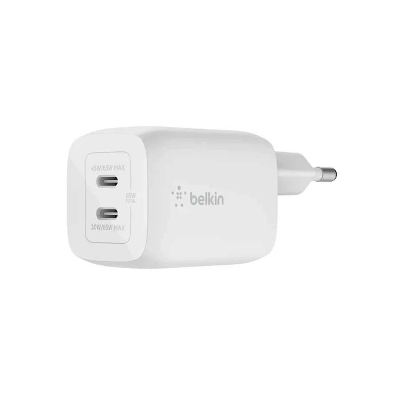شارژر دیواری 65 وات بلکین مدل WCH013vf USB-C PD/GaN/PPS با دو پورت USB-C