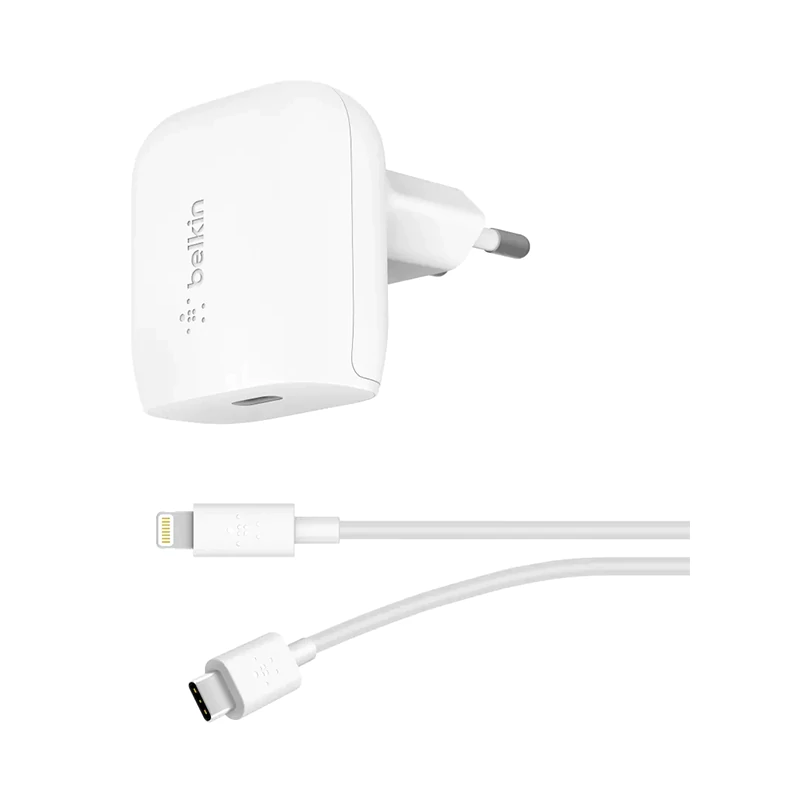 شارژر دیواری شارژ سریع 20 وات بلکین مدل WCA003vf04WH به همراه کابل USB-C به لایتنینگ