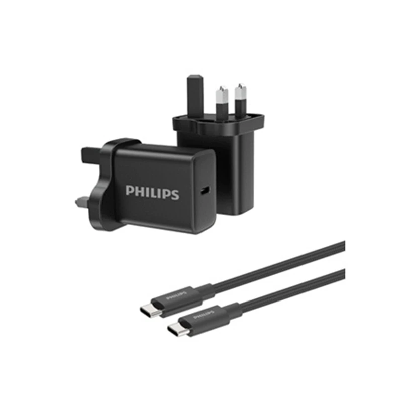 شارژر دیواری GaN فیلیپس مدل DLP5312NB ، قدرت 30 وات، USB-C PD + کابل Type-C یک‌متری بافته‌شده
