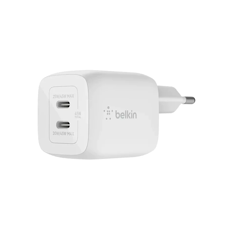 شارژر دیواری 45 وات بلکین مدل WCH011vfWH USB-C PD/GaN/PPS با دو پورت USB-C