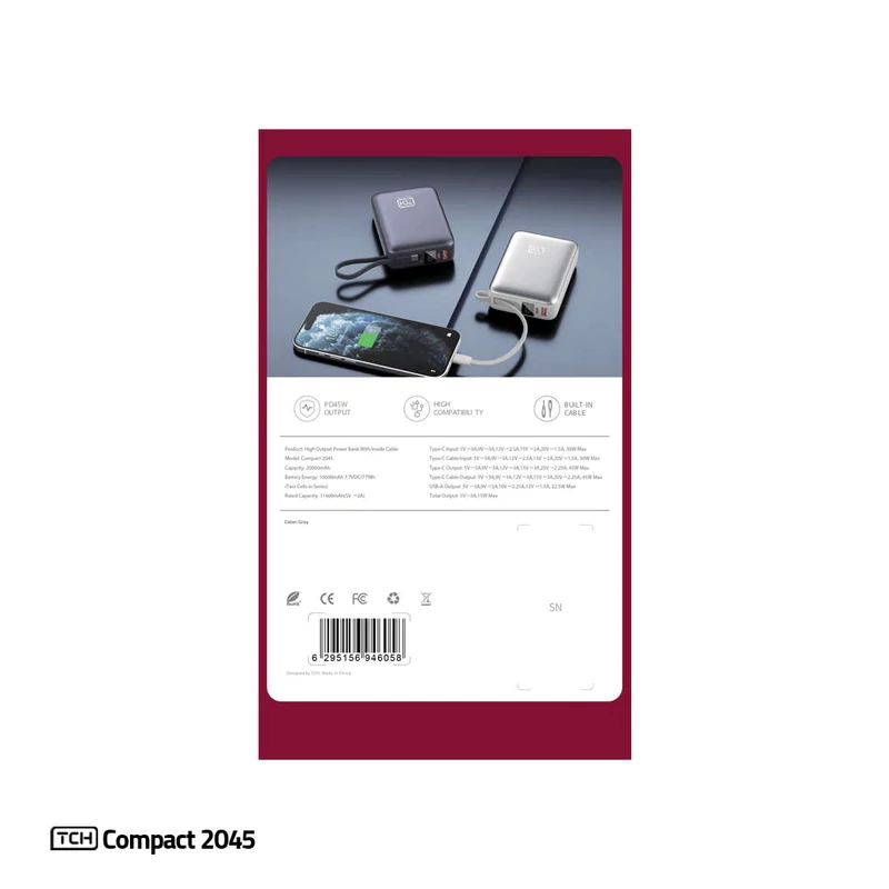 پاوربانک 45 وات تی سی اچ مدل Compact 2045 ظرفیت 20000 میلی‌آمپرساعت