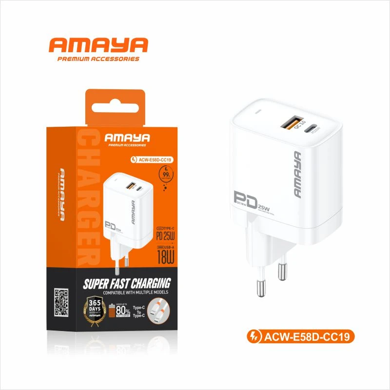 شارژر دیواری فست شارژ آمایا مدل ACW-E58D-CC19 توان ۲۵ وات به همراه کابل Type-C