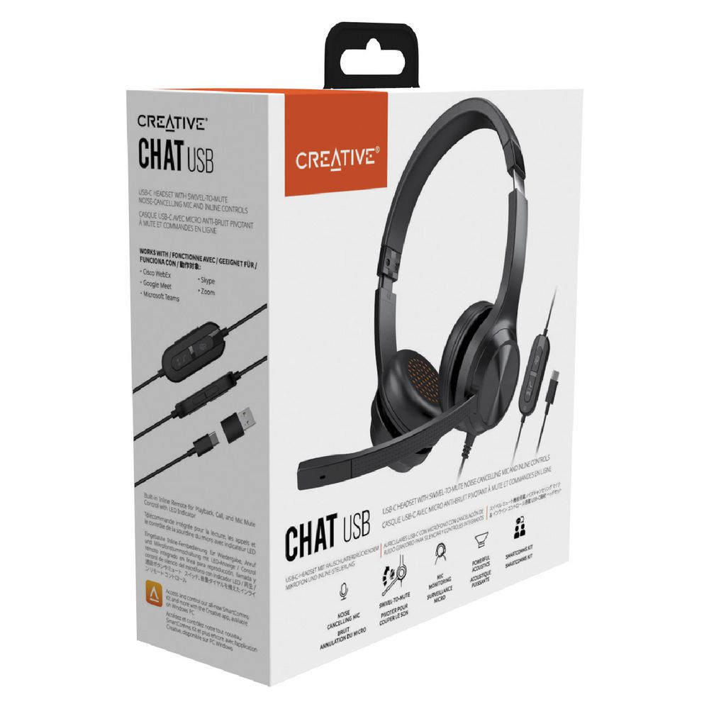 جعبه و مشخصات هدست با سیم کریتیو مدل creative chat wfh headset 35mm